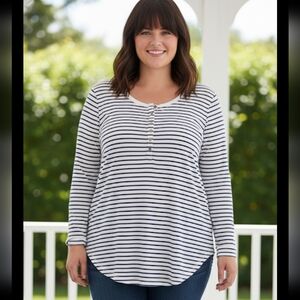 Old Navy Henley Top - Black & White Stripes, Nautical - Plus Size XXL